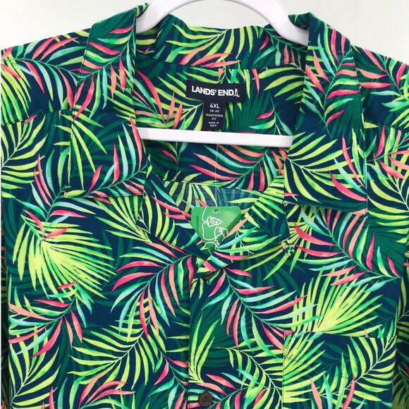 Lands' End Tropical Palm Print Short Sleeve Button Down Shirt 4XL Ecovero - Picture 2 of 8